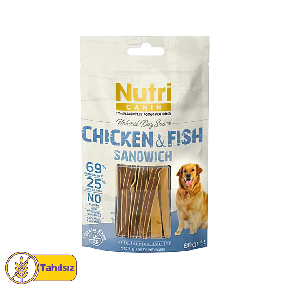 Nutri Canin %25 Okyanus Balıklı ve %69 Tavuk Etli Tahılsız Sandviç Köpek Ödül Maması (80 g)